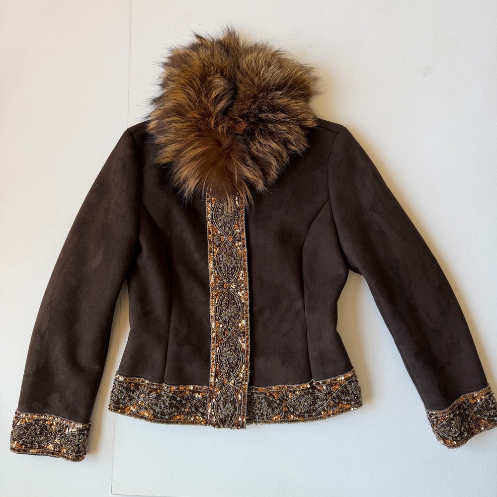 Vintage St John Fox Fur Trim Faux Suede Brown Beaded Embellished Coat Sz S